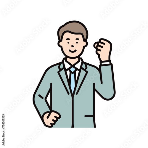 ガッツポーズをするスーツを着た男性のビジネスパーソンのイラスト素材
