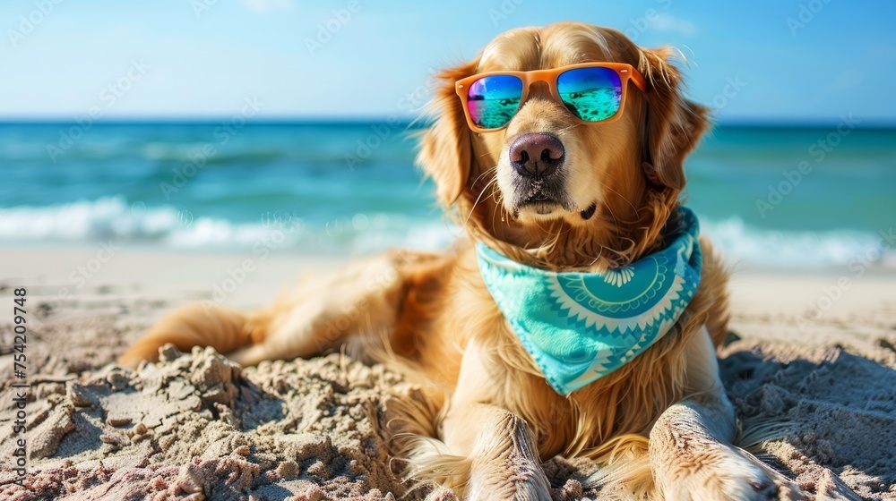 Golden Retriever lying on the beach with reflective sunglasses, turquoise bandana, and the ocean in the background.