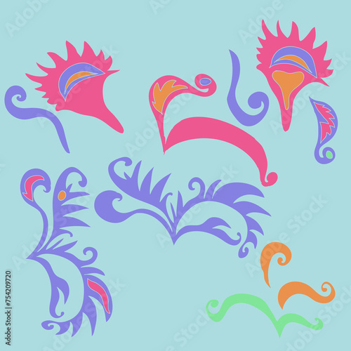Cartoon  colored leaves with spirals, ellipses. Hand drawn.
