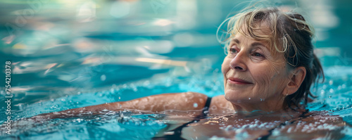 Mature 70s retired exercising woman in swimming pool for active aquatic aqua aerobics hydrotherapy senior fitness wellness health in swim lifestyle retirement village happy positive confident strength photo