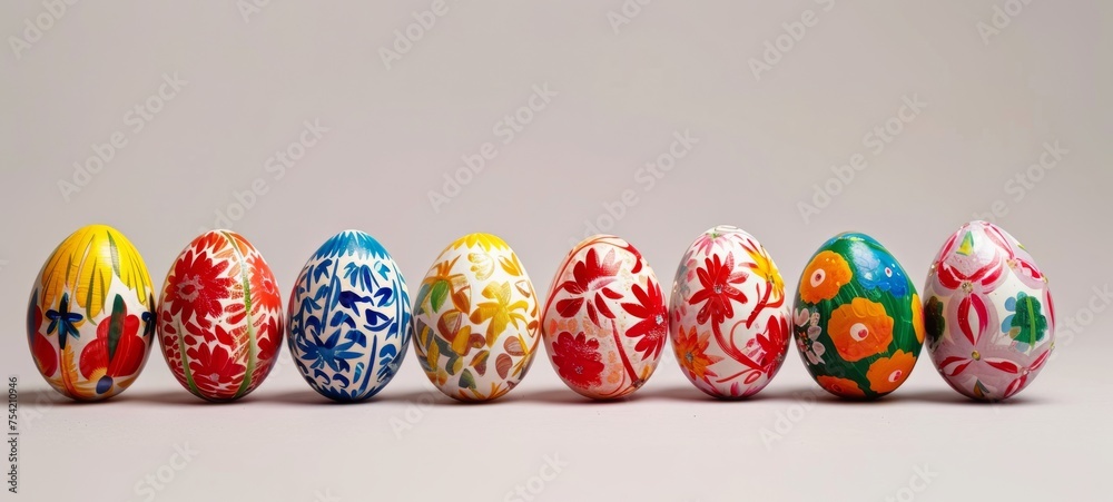 Row of colorful hand painted Easter eggs on a light grey background. Easter decoration, banner, panorama, background with copy space for text. Happy Easter.