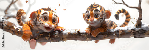A 3D animated cartoon render of a playful baby monkey swinging from a tree branch with a mischievous tiger cub. photo