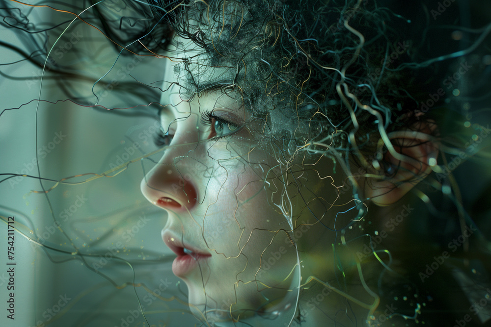Close-up of a person with illuminated wires around the head. Close-up of a person with illuminated wires around the head.