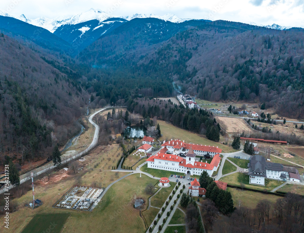 Aerial view of Sambata se Sus and Fagars Mountains in Romania