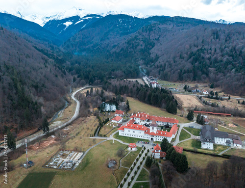 Obraz na płótnie Aerial view of Sambata se Sus and Fagars Mountains in Romania w salonie