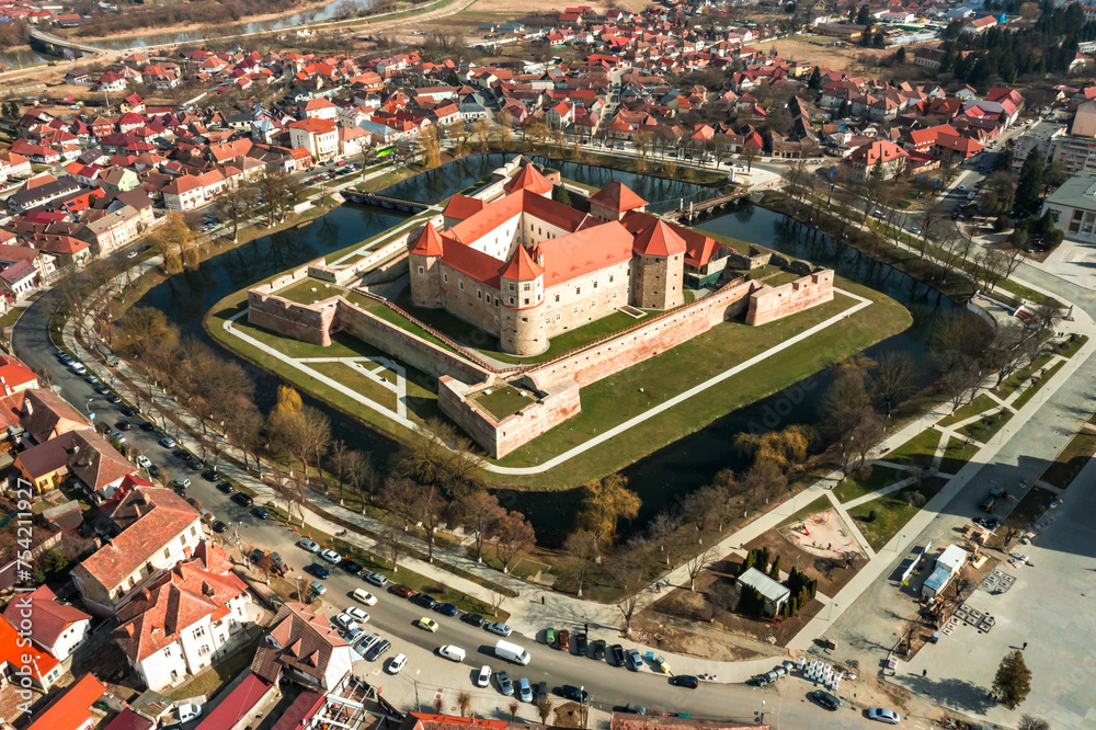 Aerial view with Fagaras Citadel Fortress in Romania