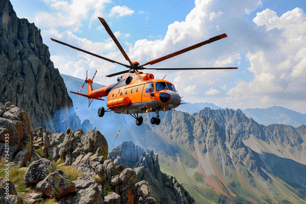 A helicopter used for rescue purposes lands among the rocky terrain of the mountains, employing its navigation and maneuvering ability to effectively provide aid in the isolated area. A helicopter used for rescue purposes lands among the rocky terrain of the mountains, employing its navigation and maneuvering ability to effectively provide aid in the isolated area.