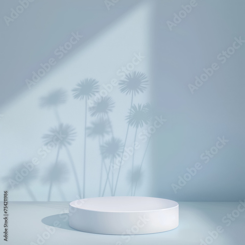 Elegant White Podium with Floral Shadow on Serene Blue Background