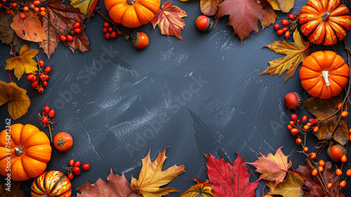 Autumn and thanksgiving decoration concept made from autumn leaves and pumpkin on dark textured background. Flat lay, top view with copy space.