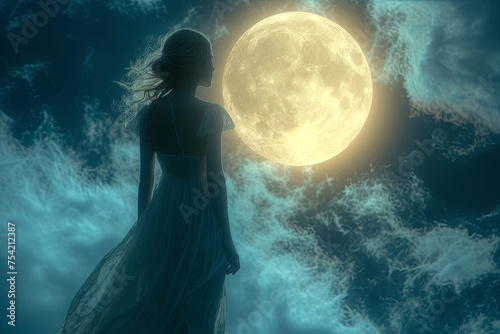 Fototapeta Naklejka Na Ścianę i Meble -  Woman stands in front of a large, glowing moon. The image has a dreamy, ethereal quality to it, with the woman's silhouette and the moon's luminous glow creating a sense of wonder and magic