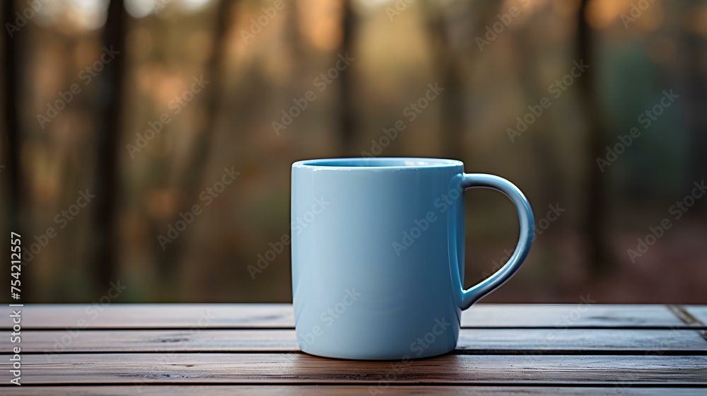 Close up of a light blue Mug on a wooden Table in a Forest. Blurred natural Background Close up of a light blue Mug on a wooden Table in a Forest. Blurred natural Background