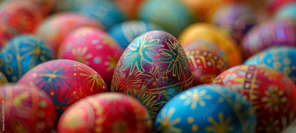 A bunch of hand painted Easter eggs on colorful background with bokeh effect. Easter decoration, banner, panorama, background with copy space for text. Happy Easter. A bunch of hand painted Easter eggs on colorful background with bokeh effect. Easter decoration, banner, panorama, background with copy space for text. Happy Easter.