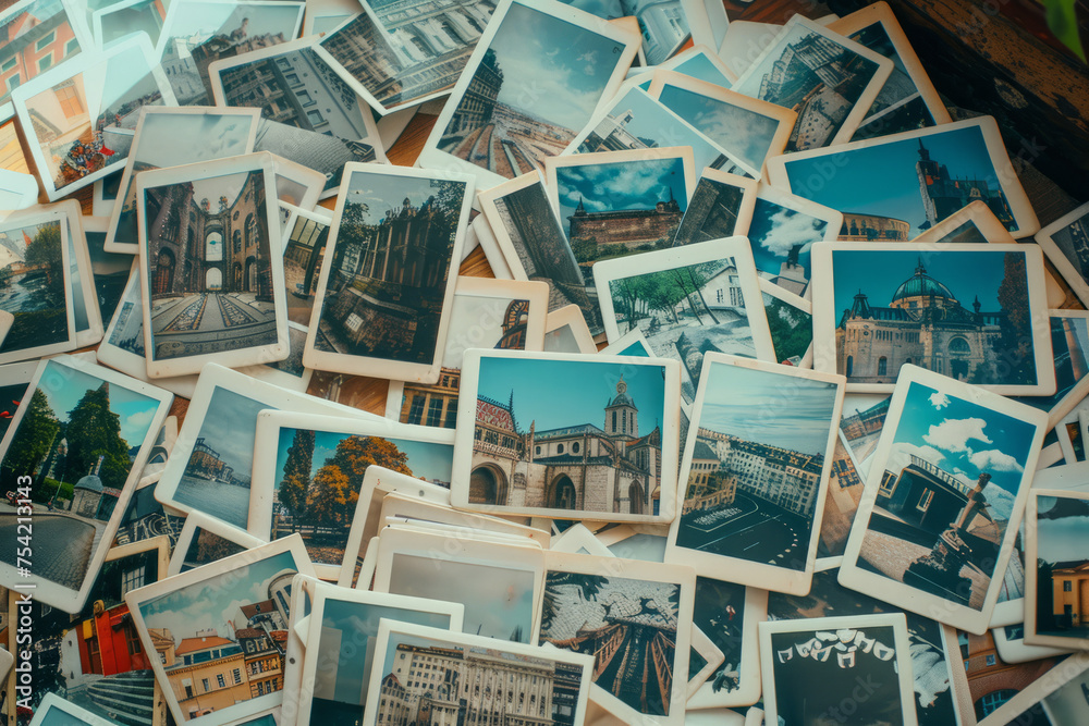 Many photographs featuring famous landmarks from various cities spread across the table, captured from a top-down perspective, with empty space, copy space. Many photographs featuring famous landmarks from various cities spread across the table, captured from a top-down perspective, with empty space, copy space.