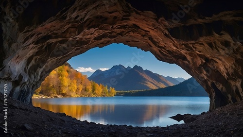 Lake with mountains in the background, view from a natural cave © Designer Khalifa