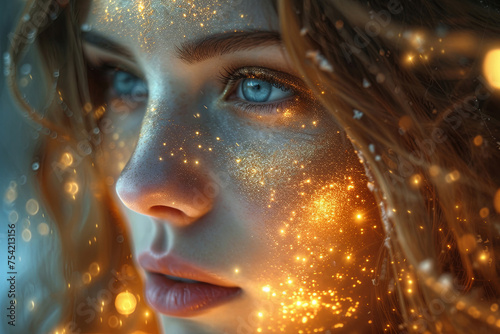 Face of the astrologer's woman is covered with sequins, giving her a sparkling, unearthly appearance. The sequins seem to reflect the light, creating a dreamy, otherworldly effect.