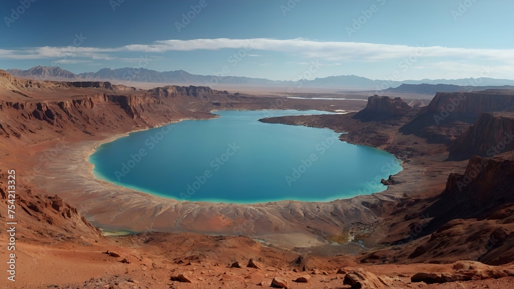 A lake in the desert, blue sky with clouds.