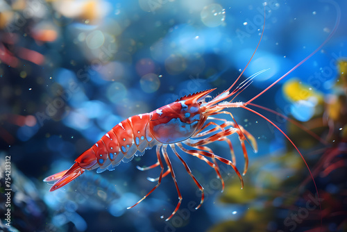 Red shrimp swimming in the ocean