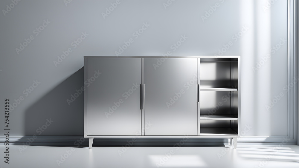 Minimalist 3D Silver Cabinet Interior Design for Modern Furniture Presentations and Displays Minimalist 3D Silver Cabinet Interior Design for Modern Furniture Presentations and Displays