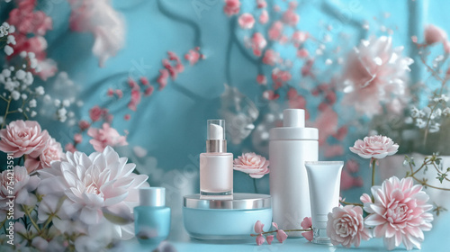Beauty blue background with facial cosmetic products. Branding layout. AI Generative