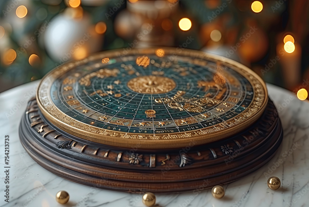 Round golden blue object with a world map or star map printed on it stands on a marble table