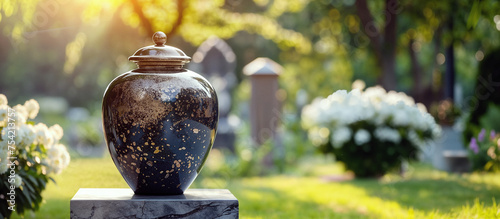 An urn with ashes stands in the cemetery. Funeral arrangements. Funeral services. Generative AI photo