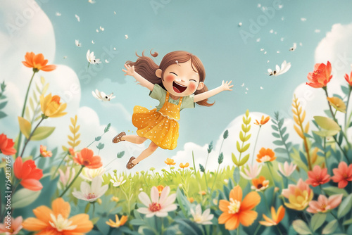 Happy cartoon girl jumping on a summer meadow. Happy childhood.  Generative AI