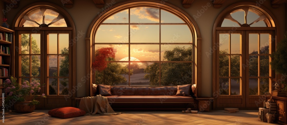 This living room is filled with contemporary furniture and features large windows that let in ample natural light. A sofa, coffee table, armchairs, and a rug are arranged neatly in the spacious room. This living room is filled with contemporary furniture and features large windows that let in ample natural light. A sofa, coffee table, armchairs, and a rug are arranged neatly in the spacious room.
