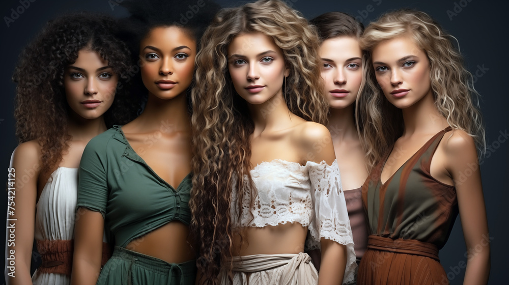 Obraz premium Studio portrait of group of five beautiful women with natural beauty, glowing smooth skin and and healthy luxurious beautiful hair