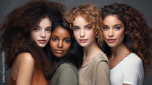 Studio portrait of group of four beautiful women with natural beauty, glowing smooth skin and and healthy luxurious beautiful hair