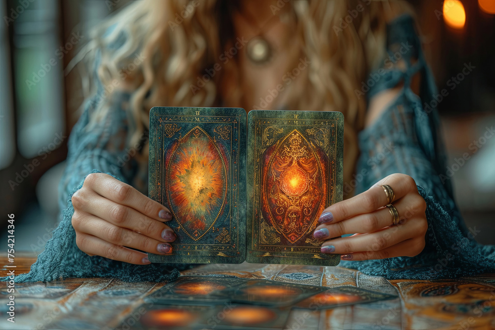 Woman is holding tarot cards in her hands and sitting at a table. Scene is mysterious and intriguing - obrazy, fototapety, plakaty 