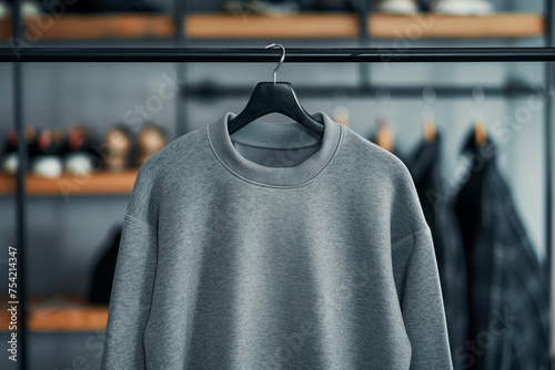 Mockup of new grey cotton sweatshirt on coat rack on luxuty retaile spase background photo