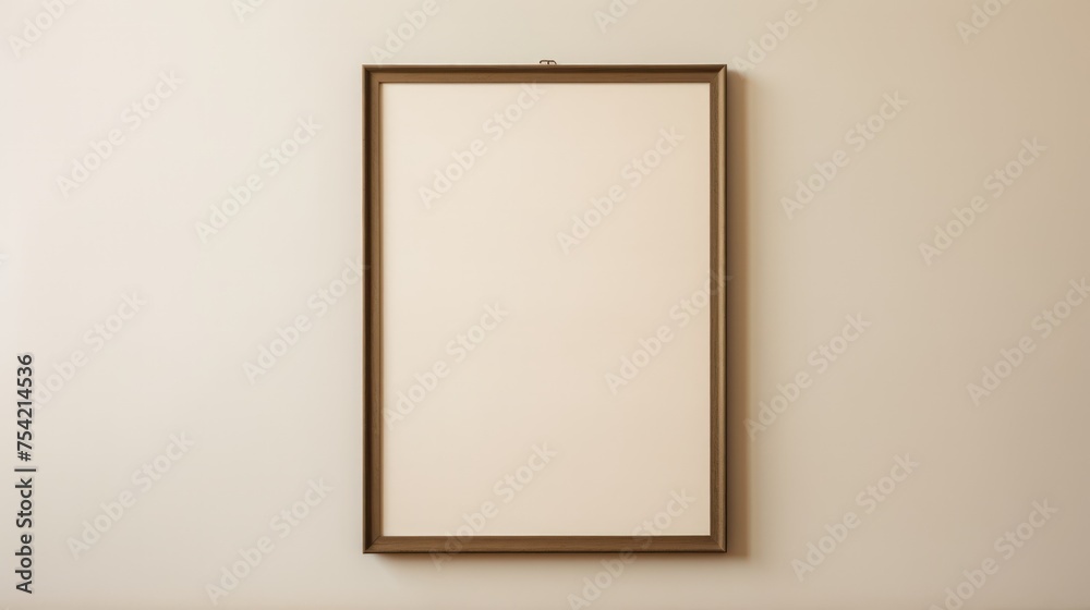 A dark wood portrait picture frame hanging on a blank wall A dark wood portrait picture frame hanging on a blank wall