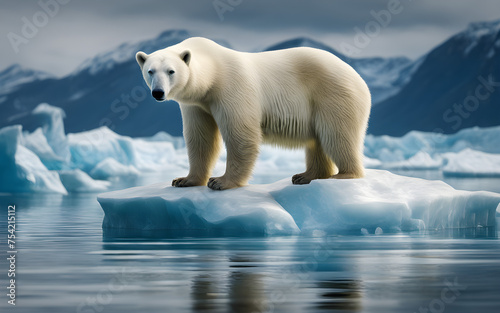 A polar bear stranded on a small  melting iceberg surrounded by open water  with distant glaciers