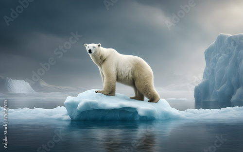 A polar bear stranded on a small, melting iceberg surrounded by open water, with distant glaciers