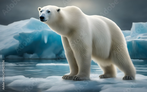 A polar bear stranded on a small  melting iceberg surrounded by open water  with distant glaciers