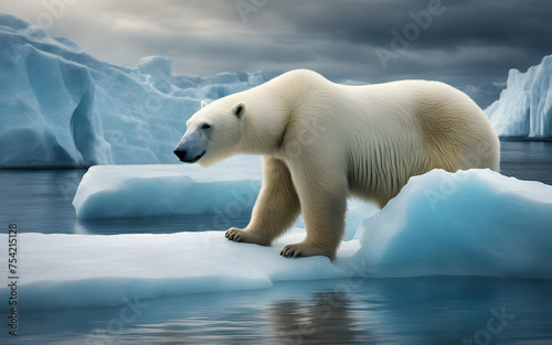 A polar bear stranded on a small  melting iceberg surrounded by open water  with distant glaciers