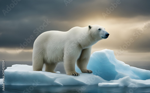 A polar bear stranded on a small, melting iceberg surrounded by open water, with distant glaciers