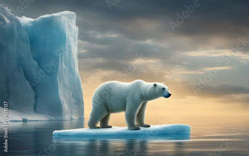 A polar bear stranded on a small, melting iceberg surrounded by open water, with distant glaciers