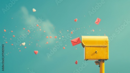 An old yellow mailbox sends love using the wind effect, on a blue background. The concept of romance.  photo