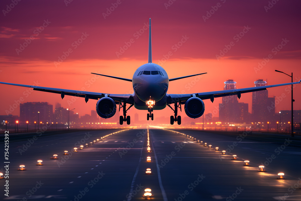 Passenger plane fly up over take-off runway from airport - obrazy, fototapety, plakaty 