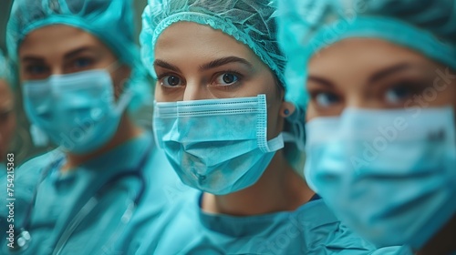 A group of focused healthcare professionals in surgical attire, unified and ready for a challenging operation in the OR.