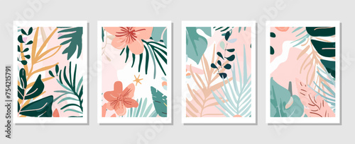 set of vector backgrounds featuring tropical leaves suitable for wall decoration  postcard designs  or brochure covers.