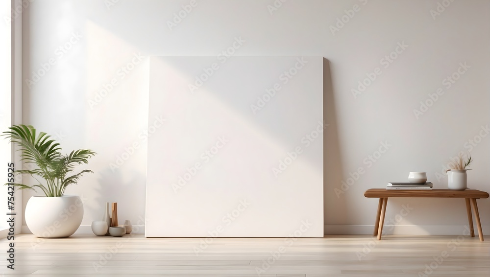 A mockup of a blank art canvas positioned on a laminate floor leaning against a pristine white wall Generative AI - obrazy, fototapety, plakaty 