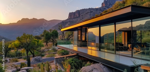 imagine: A captivating portrayal of a modern luxury villa surrounded by mountains, boasting a minimalistic glass exterior that opens up to breathtaking views from the veranda.