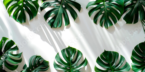 Tropical leaves Monstera border on white background with shadows