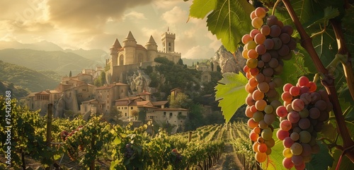 A striking image unfolds as a medieval castle commands attention above bountiful vineyards, where the sun-kissed ripe grape bunches add a touch of splendor to this historical landscape. photo