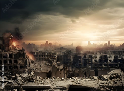 A postapocalyptic ruined city Destroyed buildings burntout vehicles and ruined roads 3D
 photo