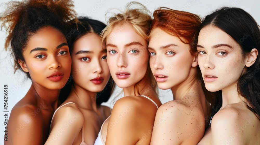 Portrait of diverse group of beautiful women with natural beauty and glowing smooth skin	
