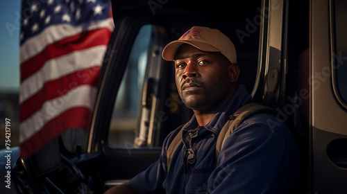 An African American truck driver peers out from the cab of his truck, background of American flag.