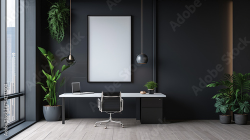 A contemporary and clean office with a blank empty white frame mockup on a sleek black wall.